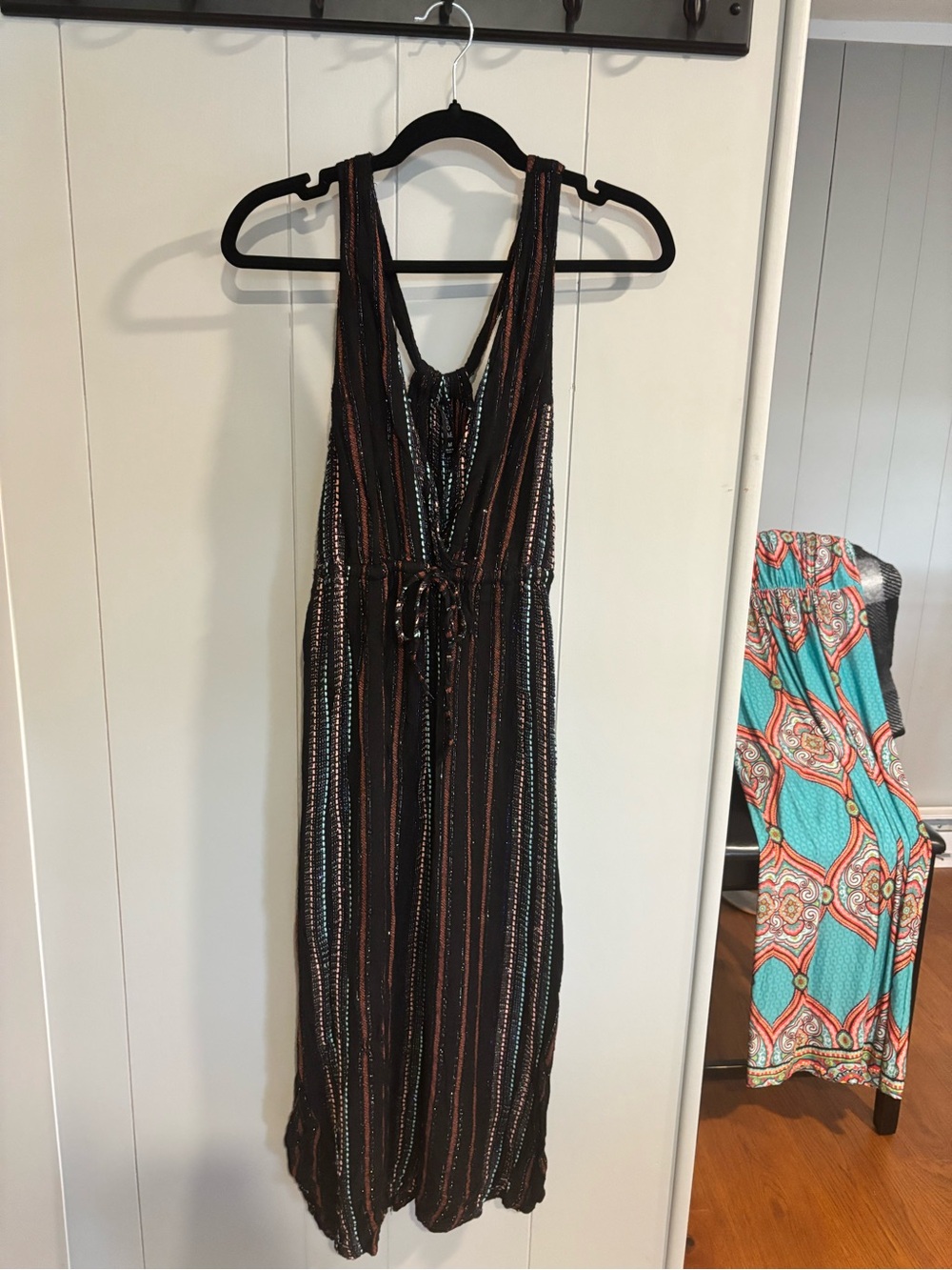 Sleeveless Black Maxi Tunic with Rust Stripe Detail